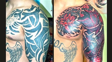 COVER UP TRAIBAL TATTOO ( WITH RED KOI AND FLOWERWS) - YouTube