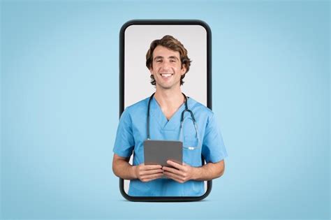 Premium Photo | Smiling man nurse in virtual phone app healthcare access