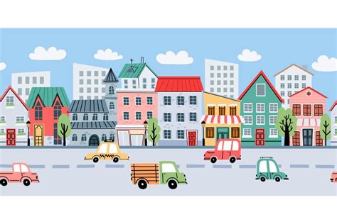 Cartoon city landscape with buildings and cars seamless back