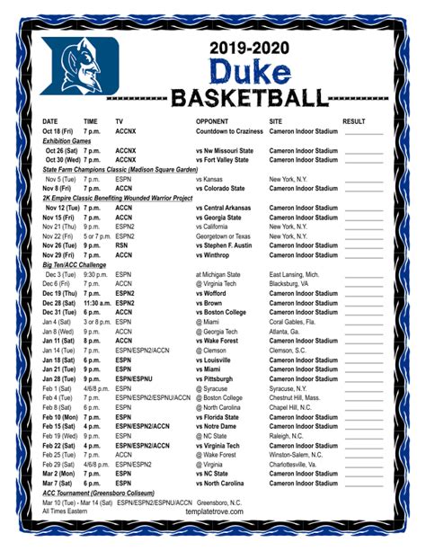 Printable 2019-2020 Duke Blue Devils Basketball Schedule