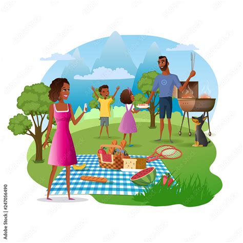 Family Picnic and Hike in Mountains Cartoon Vector Concept. African-American Father with Kids ...