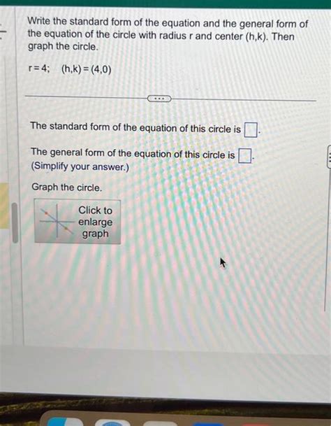 Solved Write the standard form of the equation and the | Chegg.com