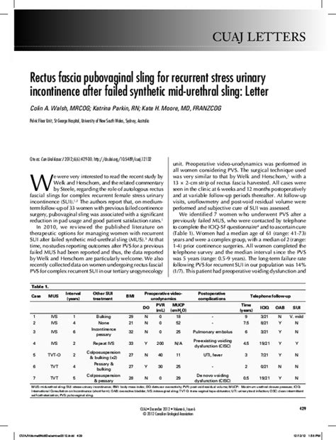 (PDF) Rectus fascia pubovaginal sling for recurrent stress urinary incontinence after failed ...