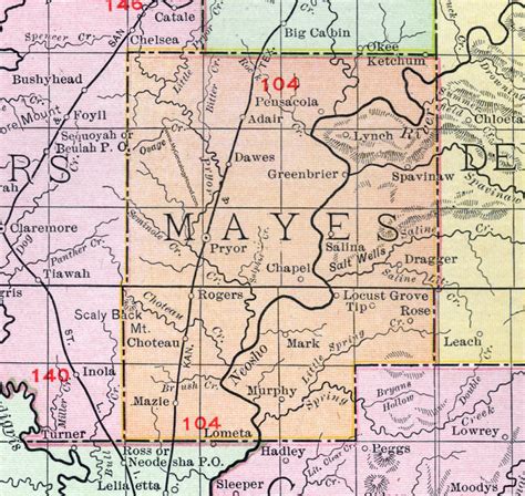 Mayes County, Oklahoma 1911 Map, Rand McNally, Pryor, Choteau, Salina, Locust Grove