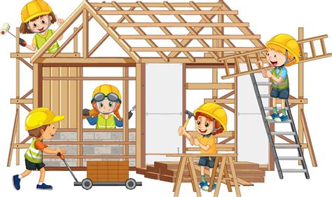 House construction site with cartoon workers 7208138 Vector Art at Vecteezy