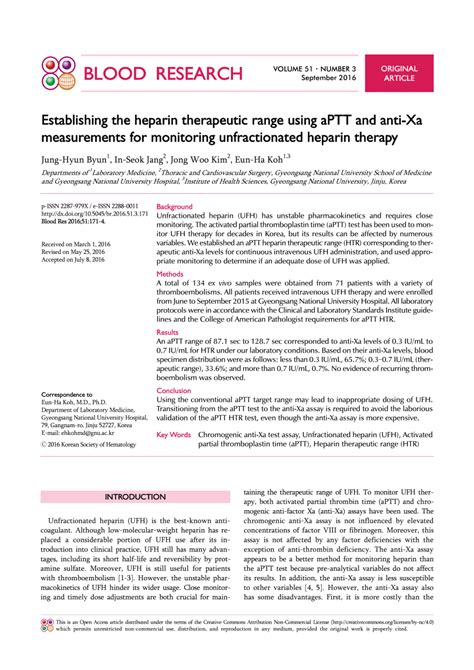 (PDF) Establishing the heparin therapeutic range using aPTT and anti-Xa ...