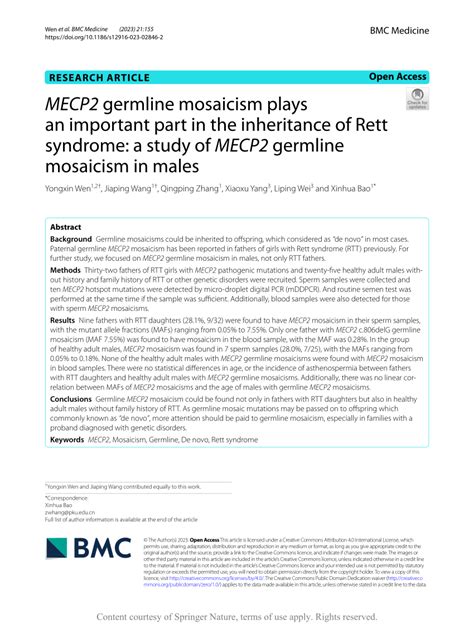 (PDF) MECP2 germline mosaicism plays an important part in the ...