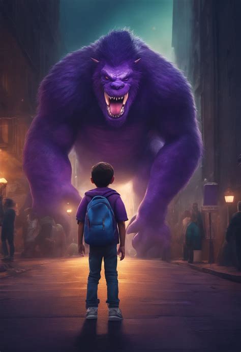 9 y o boy facing the camera, carrying a purple monster on his shoulder ...