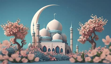 mosque and moon with flowers, pastel colors, on blue background. 3d render and illustration ...