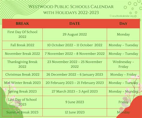 Westwood Public Schools Calendar with Holidays 2022-2023