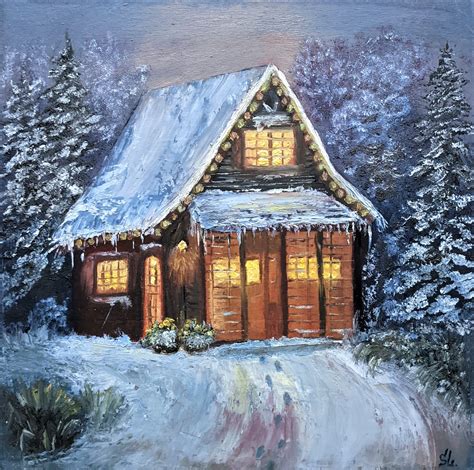 Fairytale House Oil Painting Winter Original Art Snow Wall A - Inspire ...