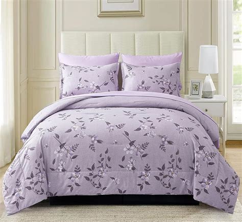 Amazon.com: Yiran 7 Pieces Bed in a Bag Purple Floral Comforter Set Botanical Plant Soft ...