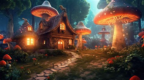 A Magical Forest Village Of Fairies With Mushroom Houses Glowing Trees And 3d Illustration ...