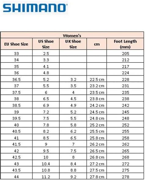 Shimano Cycling Shoes Size Chart (for both Men & Women)