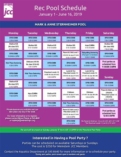 Pool Schedules Pool Schedule January - June 2019