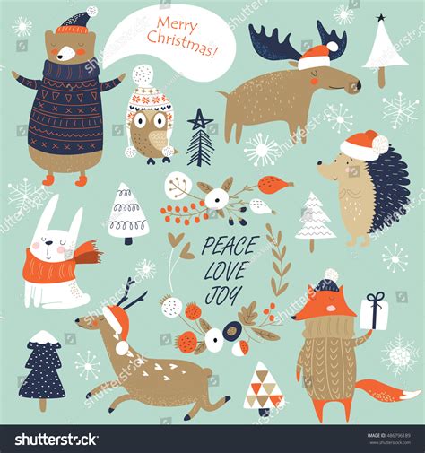 Christmas Set Cute Forest Animals Stock Vector (Royalty Free) 486796189 ...