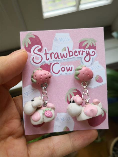 Strawberry Cow Earrings Pillow Pet/ Polymer Clay Stud - Etsy