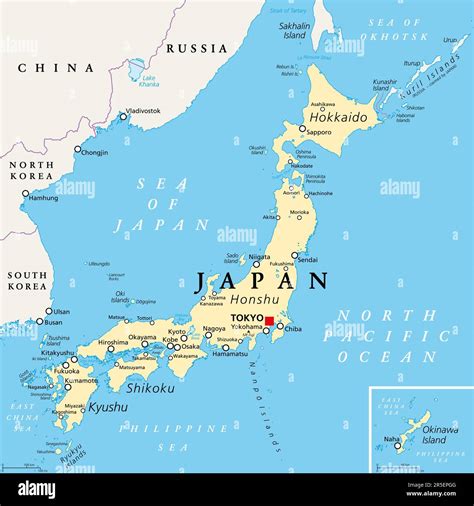 Japan political map. Main islands Honshu, Hokkaido, Kyushu, Shikoku and Okinawa. East Asian ...