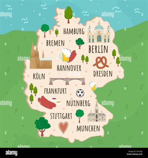 Cartoon map of Germany. Travel illustration with german landmarks, buildings, food and plants ...