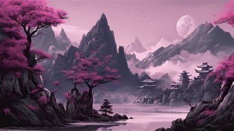 Purple Trees Mountains Japanese Painting AI Generated 4K Wallpaper - Pixground - Download High ...