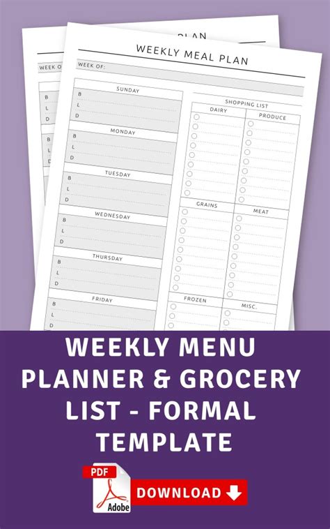Stunning Menu Planner With Grocery List Template Weekly Meal Planner Template, Weekly Menu ...