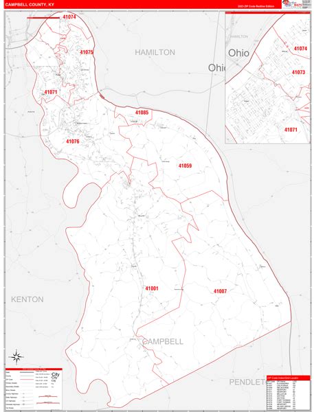 Campbell County, KY Zip Code Wall Map Red Line Style by MarketMAPS - MapSales