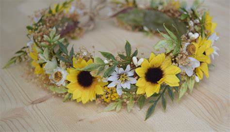 Sunflower & Wild Daisy Flower Crown - Sunflower Bridal Halo - Rustic Flower Girl Crown ...