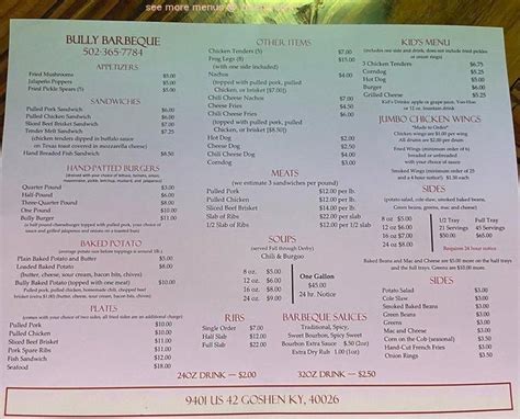 Online Menu of Bully Barbecue Restaurant, Prospect, Kentucky, 40059 - Zmenu