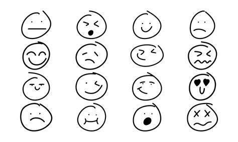 Smiley handdrawn face doodle icon and freehand smile. Emoticon sign sketch and symbol expression ...