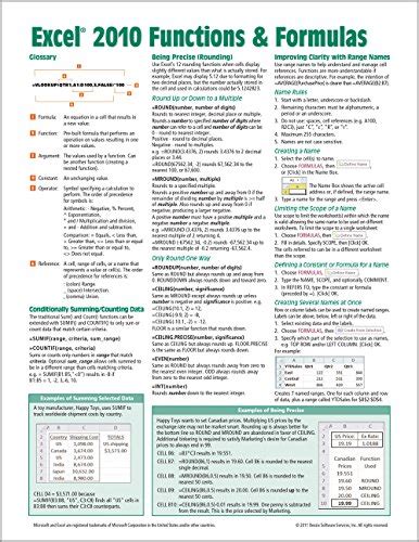 Microsoft Excel 2010 Functions & Formulas Quick Reference Guide (4-page ...