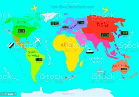 Time Zones On A World Map Time Difference Between Countries In Summer Illustrated Map Of The ...