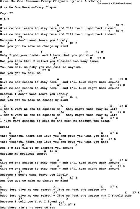 Love Song Lyrics for: Give Me One Reason-Tracy Chapman with chords for Ukulele, Guitar Banjo etc ...