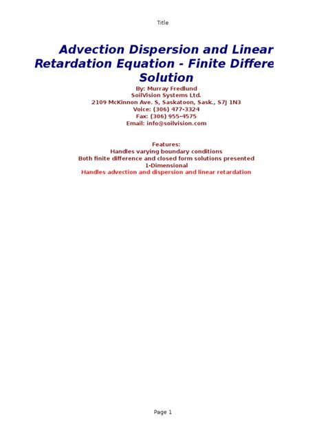 Advection Dispersion and Linear Retardation Equation - Finite Difference Solution | PDF ...