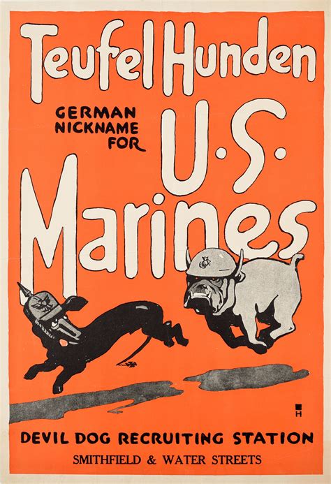 Unknown - Original Antique War Recruitment Poster Teufel Hunden US Marines WWI Devil Dog For ...