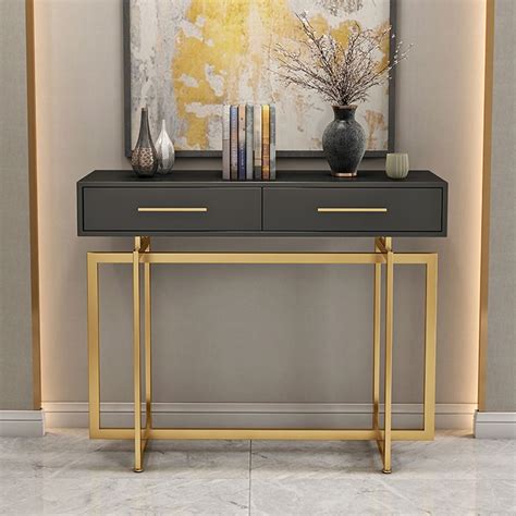Black Rectangular Console Table with Drawers Entryway Table