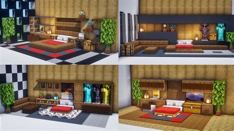 four different views of a living room and bedroom in minecraft, including the bed