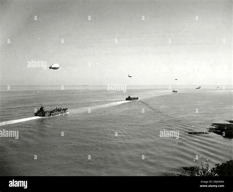 World War II. FRANCE. Invasion of Normandy 1944, Convoy of LCTs and barrage balloons preparing ...