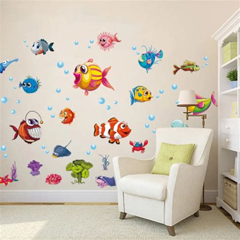 Cartoon Fish Undersea World Wall Sticker Kids Room Nursery Decor Wall Decal Bathroom WC Cabinet ...