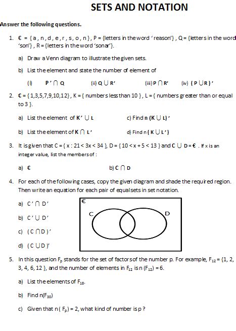 SETS AND NOTATION WORKSHEET - MathsAnimation