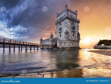 Lisbon, Belem Tower at Sunset, Lisboa - Portugal Stock Image - Image of fortification, torre ...