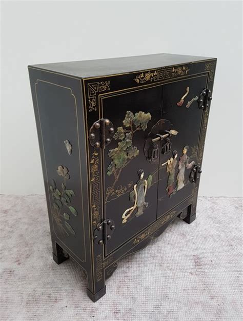 Black lacquer Chinese (small) cabinet with soapstone decoration ...