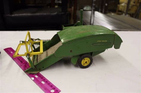 Vintage John Deere Metal Toy Tractor w/2 John Deere Attachments