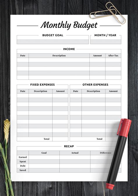 Monthly Budget Template Printable