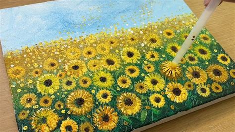 Painting Sunflower Field / Acrylic Painting / Comb and Stamp Painting ...