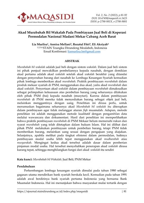 (PDF) Akad Murabahah Bil Wakalah Pada Pembiayaan Jual Beli di Koperasi Permodalan Nasional ...