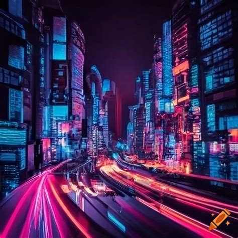 Night view of a futuristic city with neon lights on Craiyon