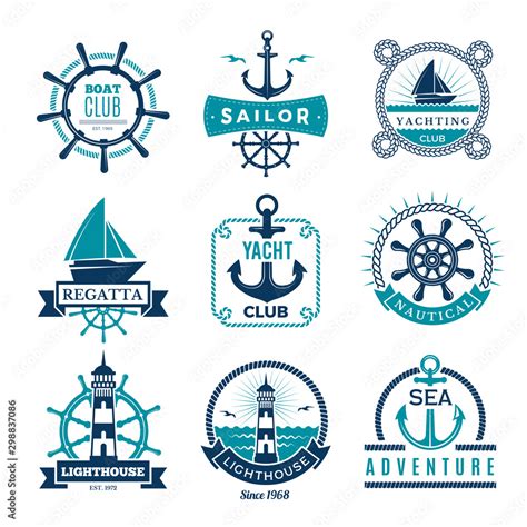 Marine labels. Nautical logo sailing boats rope and marine knot framed vector badges ...