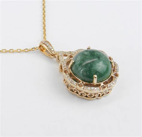 Natural Jade Necklace, Diamond and Jade Halo Pendant, 14K Yellow Gold ...