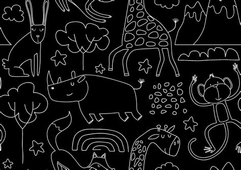 Cute seamless pattern with wild animals line art. 10257359 Vector Art ...