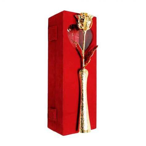 Gold Dipped Real Rose 11.5″ with Gold Plated Brass Vase in Red Velvet Box